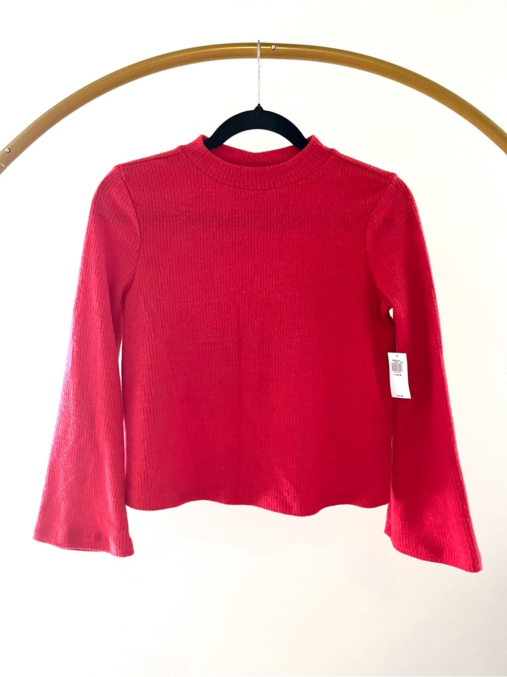 Girls Red Ribbed Long-Sleeve Knit Top with Bell Sleeves